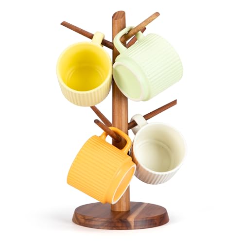E-ROOM TREND EROOM TREND Coffee Mug Holder Countertop Natural Acacia Wood Mug Tree Wooden Mug Organizer with 6 Hooks for Kitchen Coffee Bar Easy to Assemble Ideal for Small to Medium Mugs - Image 1
