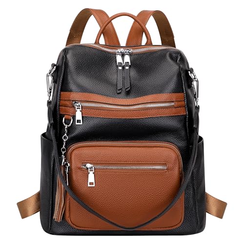 ALTOSY Genuine Leather Backpack Purse for Women Large Shoulder Bag With Laptop Compartment Multiple Pockets S106 BlackBrown - Image 1