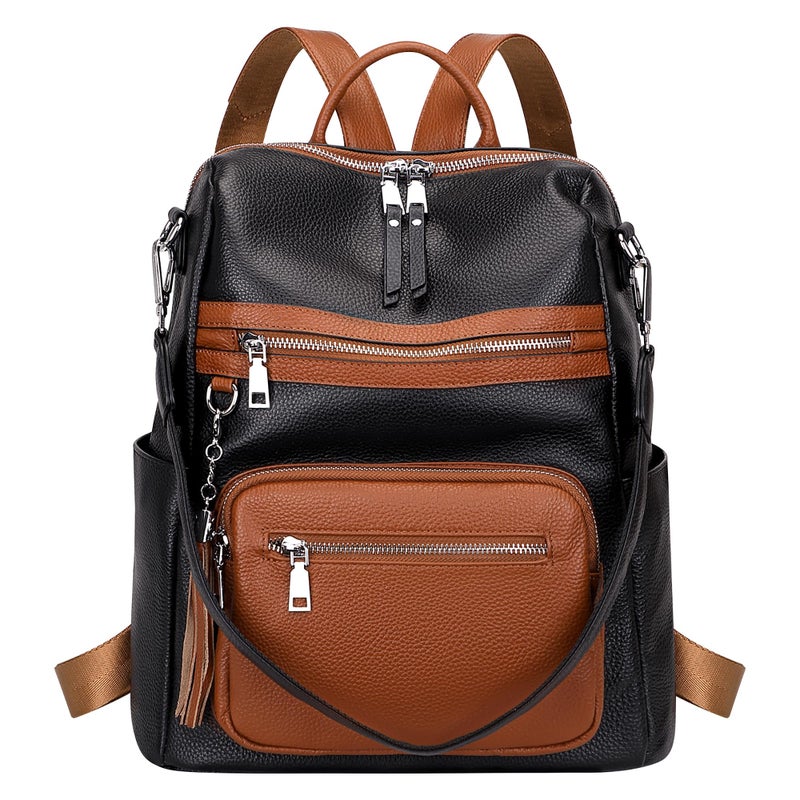 ALTOSY Genuine Leather Backpack Purse for Women Large Shoulder Bag With Laptop Compartment Multiple Pockets S106 BlackBrown - Image 2