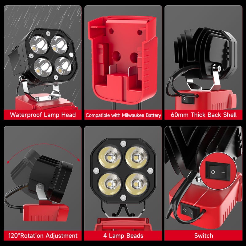 Azocek LED Work Light Compatible with Milwaukee 18V Battery, Azocek 40W 6000LM Flashlight, 18V Battery Cordless Work Light 120Â°Adjustable with Low Voltage Protection for Outdoors and Job Site Lighting - Image 4