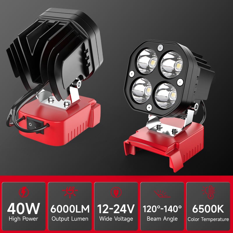 Azocek LED Work Light Compatible with Milwaukee 18V Battery, Azocek 40W 6000LM Flashlight, 18V Battery Cordless Work Light 120Â°Adjustable with Low Voltage Protection for Outdoors and Job Site Lighting - Image 3