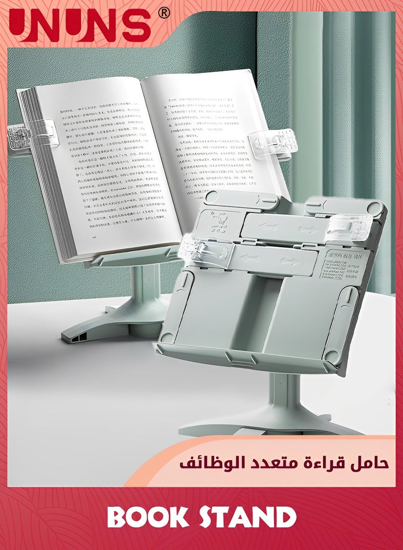 UNUNS Book Stand,Book Holder For Reading Hands Free,Adjustable Rest Book Holders Tray And Page Paper Clips,Foldable Desk Table Bookstand For Kids Textbooks Drawing Ipad Study Supplies,Green - Image 1