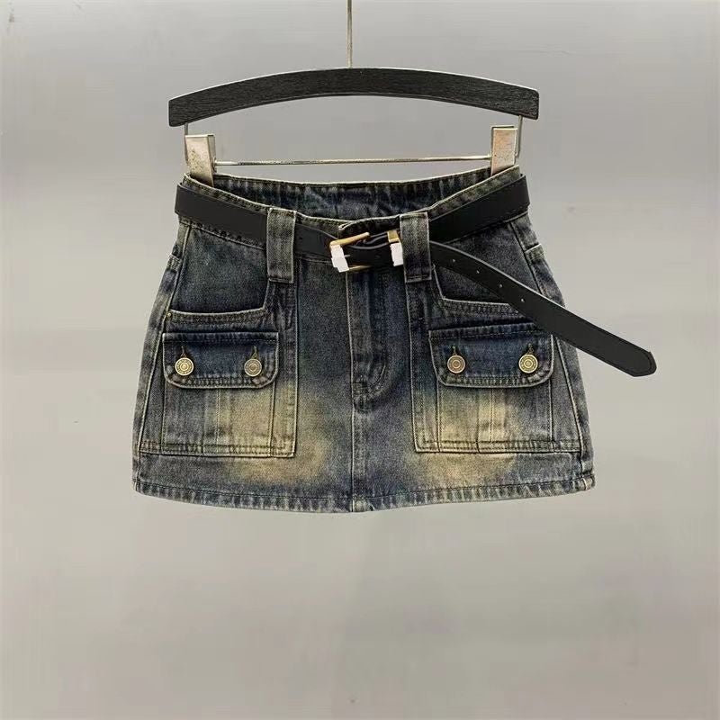 Vintage Blue Denim A-Line Skirt for Women Main picture retro blue [culottes lined]]