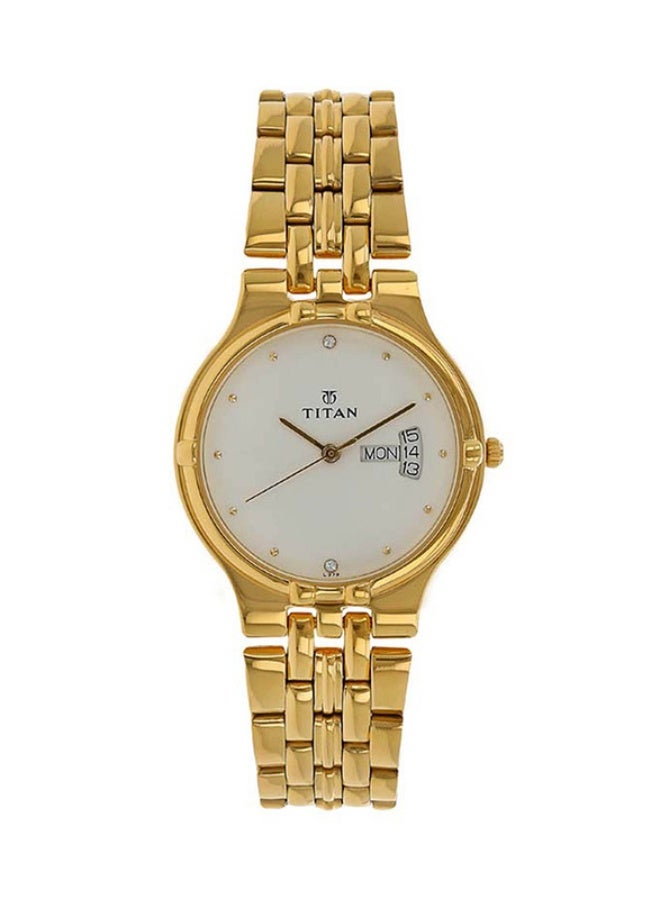 TITAN ساعة تيتان كاريشما التناظرية ذات القرص الأبيض المستدير بحزام من الفولاذ المقاوم للصدأ الذهبي للرجال-1107YM07 - Image 1
