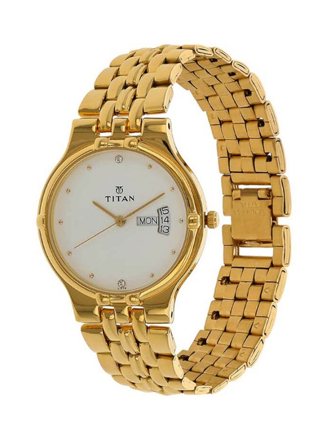 TITAN ساعة تيتان كاريشما التناظرية ذات القرص الأبيض المستدير بحزام من الفولاذ المقاوم للصدأ الذهبي للرجال-1107YM07 - Image 2