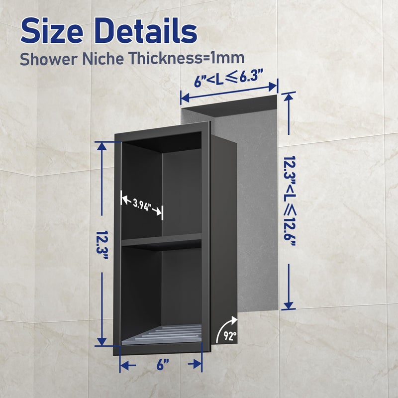 Bernkot Shower Niche 304 جدار من الفولاذ المقاوم للصدأ مقعد دش مخصص للحمام مسند للقدمين مع تركيب فوق التركيب لا حاجة للبلاط (أسود غير لامع 12.3 بوصة × 6 بوصة) - Image 5