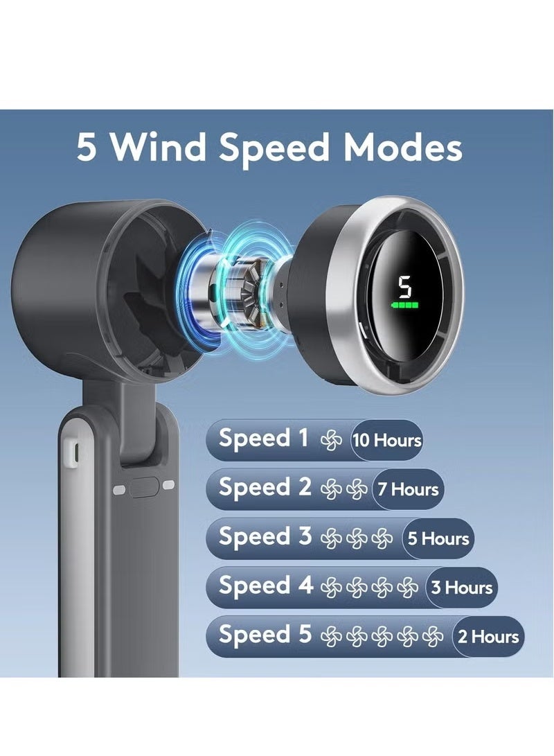 Portable handheld mini fan, foldable and neck-hanging strong wind turbine fan, super long battery life, USB rechargeable personal fan, 5-speed adjustment, digital display, suitable for women and men to travel, camp and go outdoors - Image 3