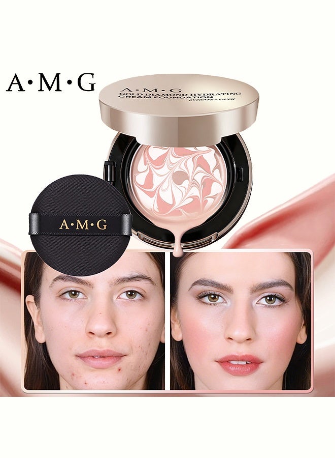 A.M.G Gold Diamond Hydrating Cream Foundation, Tri-color Marble Cushion Foundation, Long-Lasting Luminous Dewy Finish, Moisturizing Full Coverage Base Makeup with Puff 21#NaturalWhite - Image 1