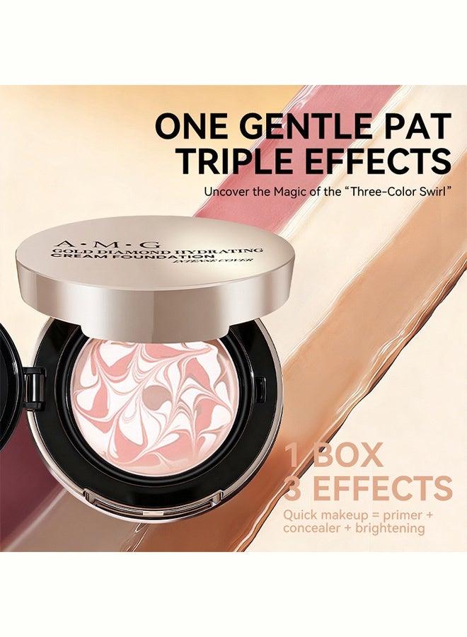 A.M.G Gold Diamond Hydrating Cream Foundation, Tri-color Marble Cushion Foundation, Long-Lasting Luminous Dewy Finish, Moisturizing Full Coverage Base Makeup with Puff 21#NaturalWhite - Image 4