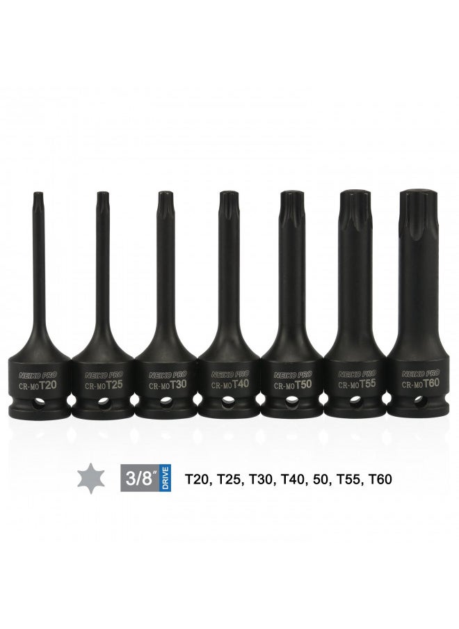 NEIKO 01132B 3/8 Drive Torx Star Driver Bit Socket Set | 7 Piece | T20 to T60 | 3 Length | Cr-Mo Impact Grade