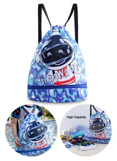 TAPIT Swimming Bag for Kids, Boys Astronaut Cartoon Printed Cute Sport Backpack with Dry and Wet Separation, Portable Swimming Backpack for Kids, Waterproof Swim Bag for Travel, Gym, Beach, Pool (Blue)  - Image 1