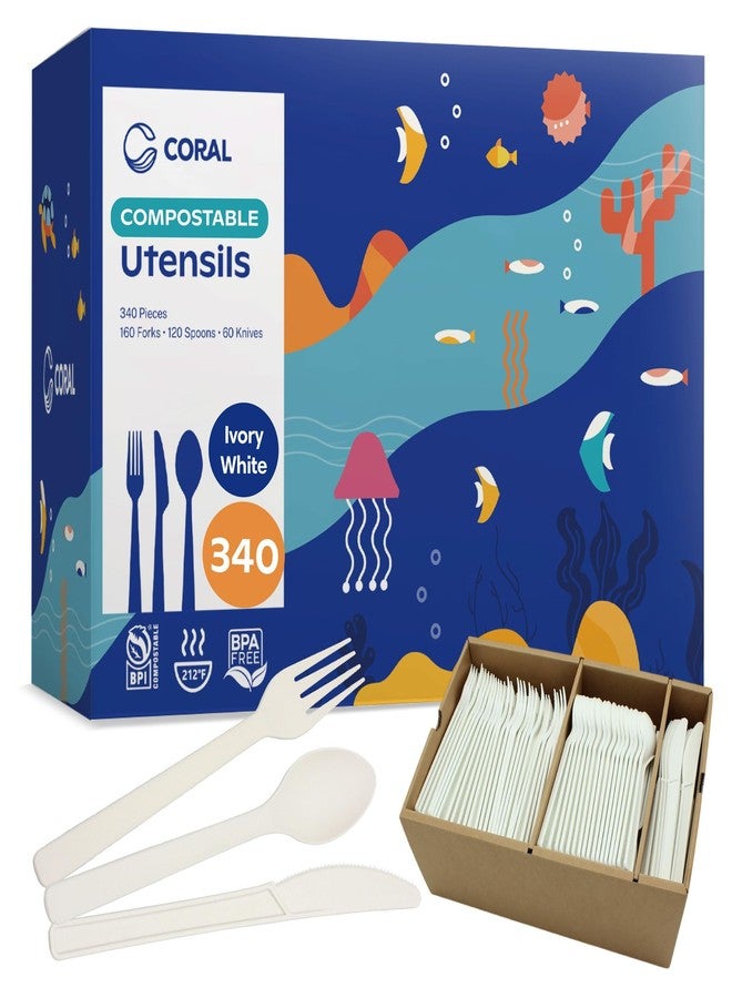 CORAL Ivory White 100% Compostable Silverware Set 340 Pieces - Heavy Duty 160 Forks, 120 Spoons, 60 Knives Bulk - Break Resistant with Smooth Edges, Ocean Friendly Alternative to Plastic Utensils - Image 1