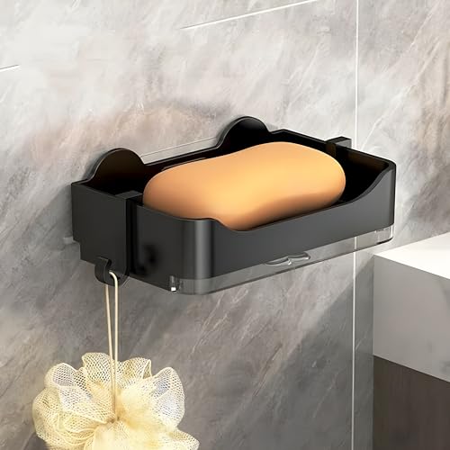 MorivaHomes Plastic Self-Adhseive Bathroom Soap Holder with Drainage Tray Wall Mounted Soap Sponge Holder Organizer Accessories (Black, Pack of 1) - Image 1