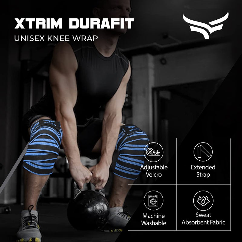 XTRIM Knee Support for Men - Knee Wraps - Knee Stabilizer - Unisex Knee Bands for Sports, Squats, and Heavy Lifting, Washable Fabric (2 Meters Long, Set of 2, Blue) - Image 2