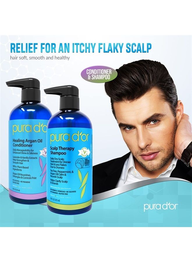 Pura d'or مجموعة شامبو علاج فروة الرأس وبلسم الشفاء (16 أونصة × 2) لفروة الرأس الجافة والحكة - يرطب ويغذي الشعر بزيت شجرة الشاي وزيت الأركان والبيوتين، لجميع أنواع الشعر، للرجال والنساء (قد يختلف التعبئة)  - Image 3