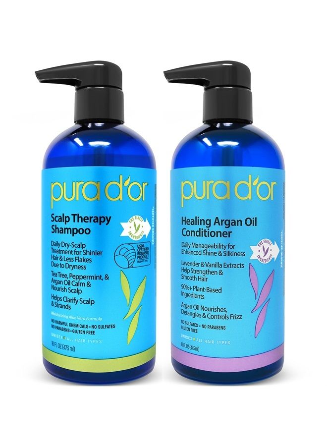 Pura d'or مجموعة شامبو علاج فروة الرأس وبلسم الشفاء (16 أونصة × 2) لفروة الرأس الجافة والحكة - يرطب ويغذي الشعر بزيت شجرة الشاي وزيت الأركان والبيوتين، لجميع أنواع الشعر، للرجال والنساء (قد يختلف التعبئة)  - Image 1