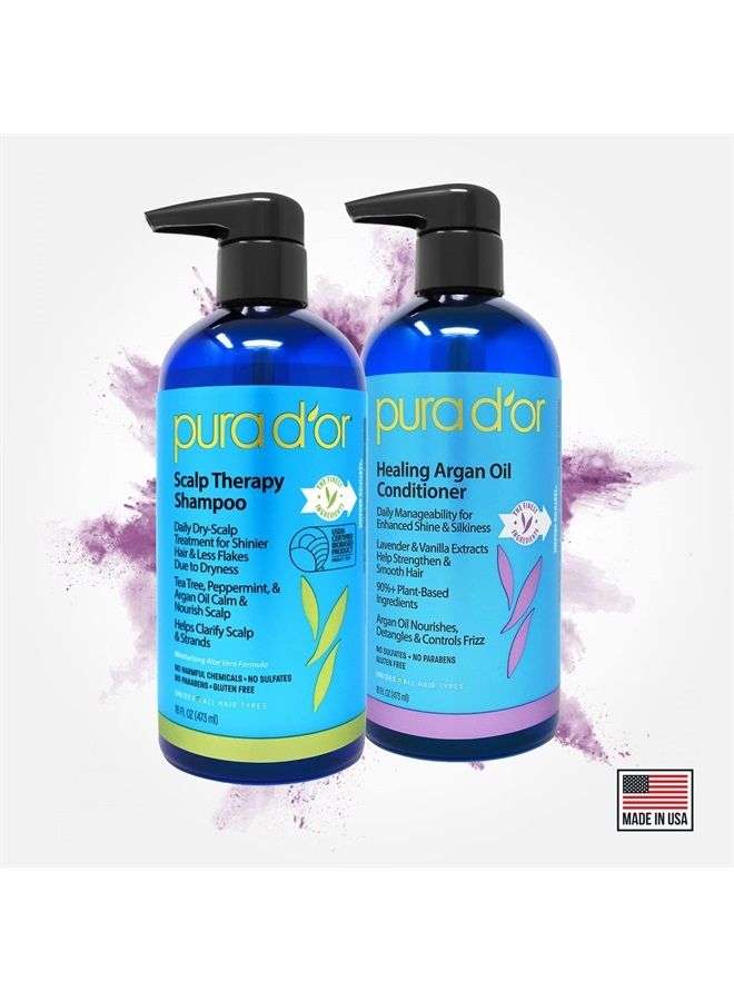 Pura d'or مجموعة شامبو علاج فروة الرأس وبلسم الشفاء (16 أونصة × 2) لفروة الرأس الجافة والحكة - يرطب ويغذي الشعر بزيت شجرة الشاي وزيت الأركان والبيوتين، لجميع أنواع الشعر، للرجال والنساء (قد يختلف التعبئة)  - Image 5