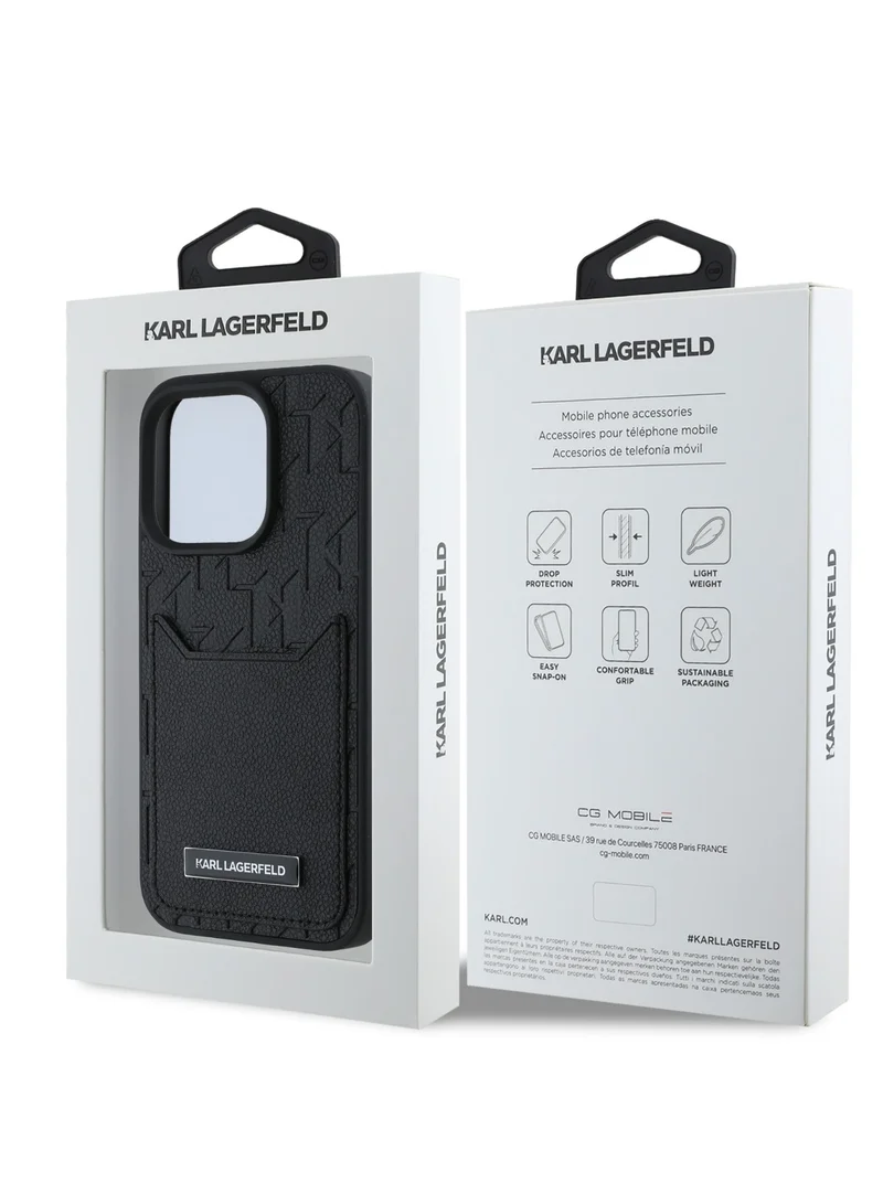Karl Lagerfeld PU Hard Case with Card slot & Monogram Design Logo for iPhone 16 Pro Max/Drop Protection/Comfortable Grip-Black