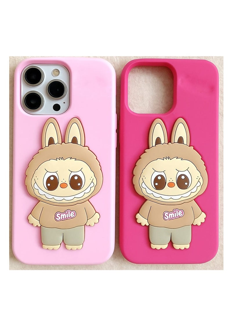 كايس كلوب غطاء سيليكون ثلاثي الأبعاد لطيف من لابوبو باني، قطعتين، لهاتف آيفون 14 برو ماكس - سلسلة الرسوم المتحركة المبتسمة، وردي فاتح ووردي فاقع - Image 1