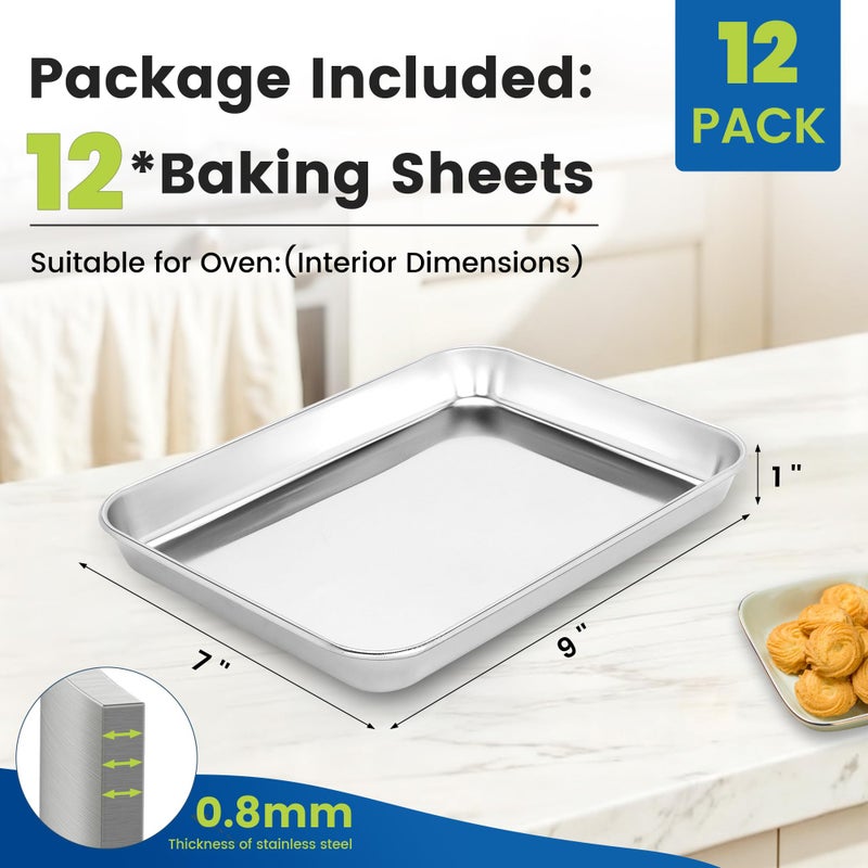 BIEAMA 12 Pack Stainless Steel Baking Sheet Pans, 9" L Ã— 7" W Ã— 1" H Cookie Sheets for Toaster Oven, Rust-Resistant, Dishwasher Safe - Image 2