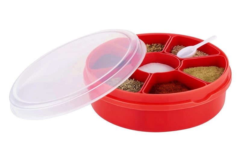 HAPPI Plastic Masala Box for Kitchen, Spice Boxes for Kitchen, Transparent Rangoli/Spice/Masala Dabba Storage Container 7 Compartments with 1 Spoon (Red) - Image 1