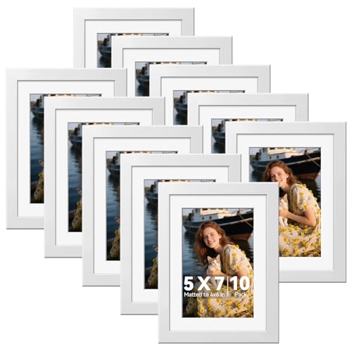 HappyHapi 5x7 Picture Frames Set of 10, White Picture Frames Display Pictures 4x6 with Mat or 5x7 Without, Tabletop or Wall Display, Multi Photo Frames Collage (White) - Image 1