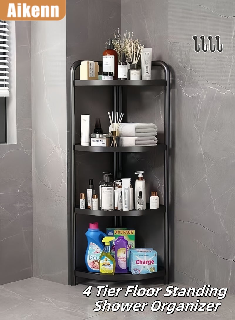 Aikenn 4 Tier Rust Proof Floor Standing Shower Organizer with 4 Hooks,Corner Shower Caddy Standing,Waterproof Corner Stand Shower Shelf Storage Rack for Bathroom, Bathtub  - Image 1