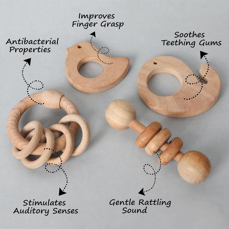 Babbles Neem Wood Teethers for Babies | Wooden Teethers for 6 to 12 Months Baby | Natural and Antibacteria (Bird+Whale+Dumbbell+Ring) - Image 2