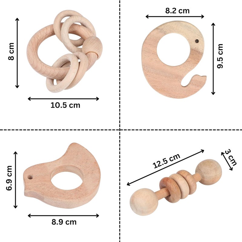 Babbles Neem Wood Teethers for Babies | Wooden Teethers for 6 to 12 Months Baby | Natural and Antibacteria (Bird+Whale+Dumbbell+Ring) - Image 5