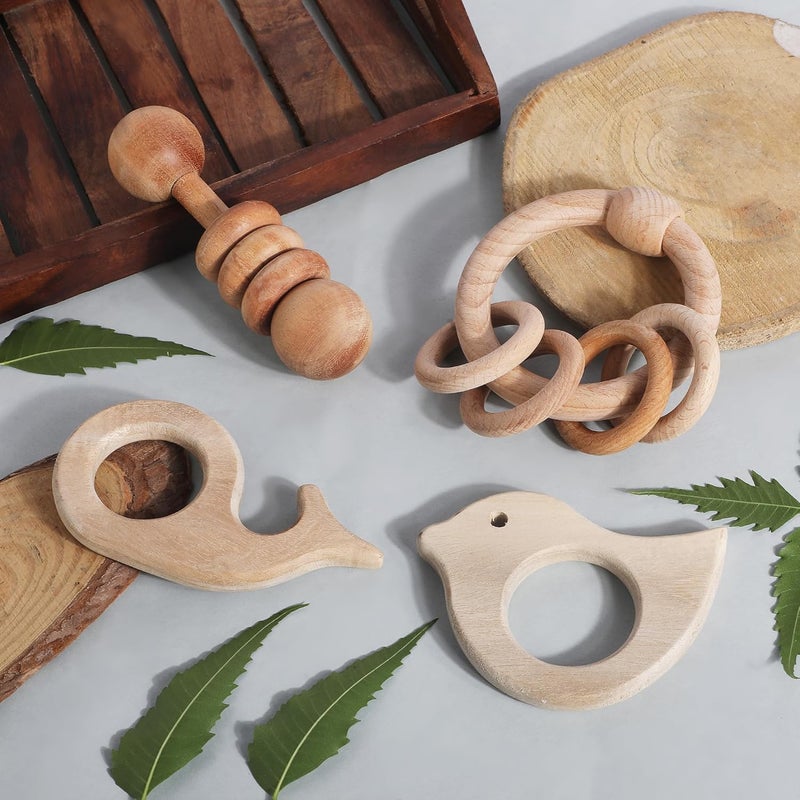 Babbles Neem Wood Teethers for Babies | Wooden Teethers for 6 to 12 Months Baby | Natural and Antibacteria (Bird+Whale+Dumbbell+Ring) - Image 1