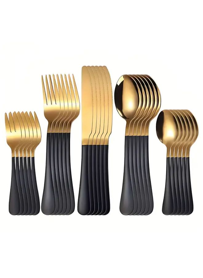 Silvery 30 Piece Stainless Steel Flatware Set for 6 Black Golden Cutlery Dishwasher Safe - Image 1