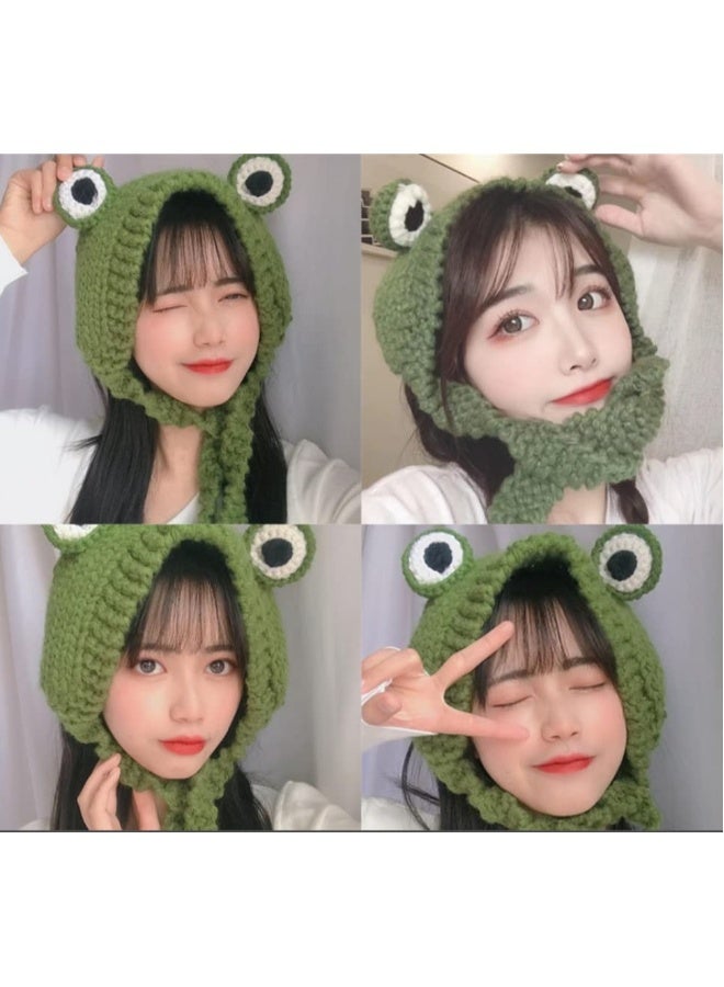 1pc Frog Knit Hat, Cute Frog Eye Pattern Knit Skull Beanie Solid Color Winter Warm Earmuffs Hat Green - Image 3