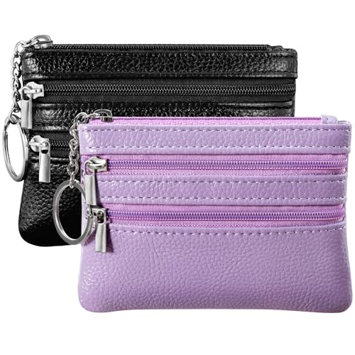 Chelmon 2 Pack Coin Purse Pouch Change Card Holder Wallet with Keychain for Women and Men (Black & Light Purple) - Image 1