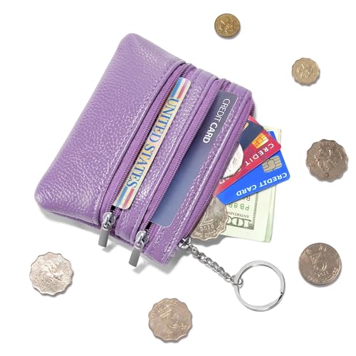 Chelmon 2 Pack Coin Purse Pouch Change Card Holder Wallet with Keychain for Women and Men (Black & Light Purple) - Image 2