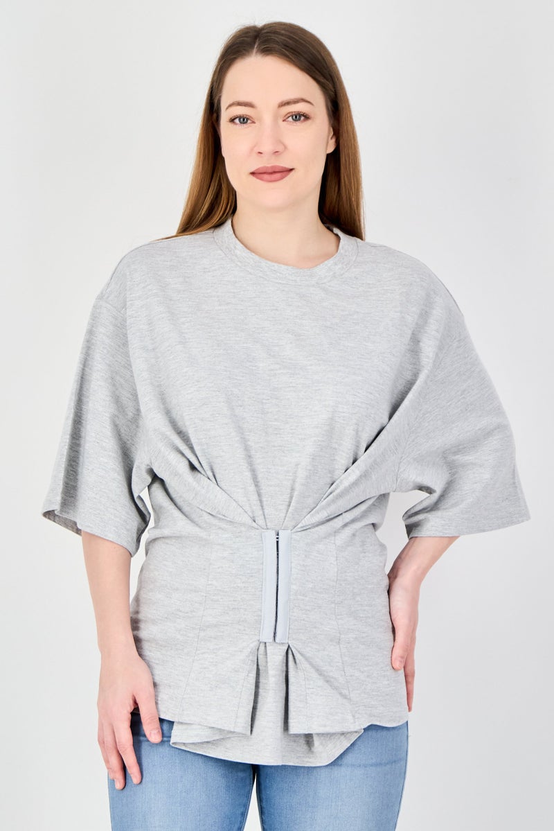 MONKI Women Crew Neck Short Sleeve Plain T-Shirt, Grey - Image 1