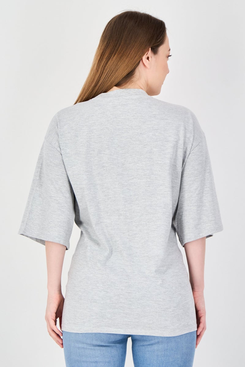 MONKI Women Crew Neck Short Sleeve Plain T-Shirt, Grey - Image 3