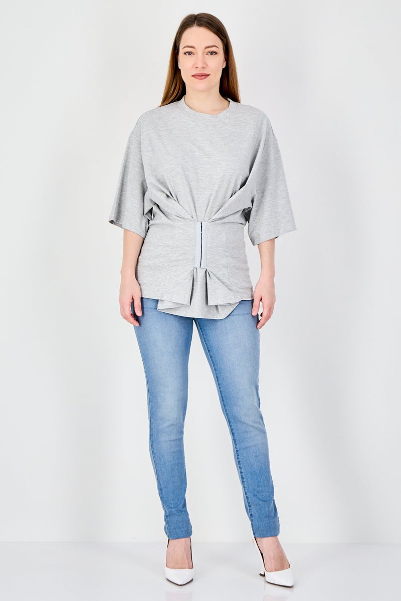 MONKI Women Crew Neck Short Sleeve Plain T-Shirt, Grey - Image 2
