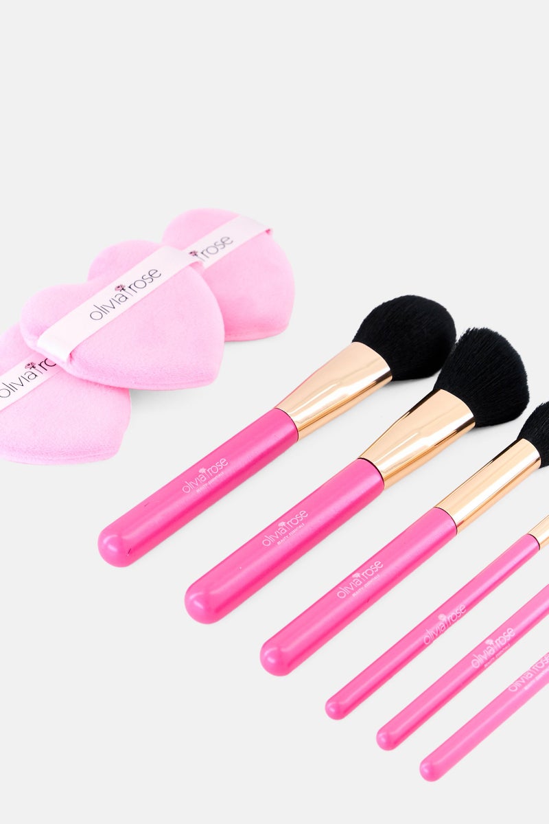 Olivia Rose 9 Pieces Makeup Brush And Powder Puff Set, Pink - Image 3