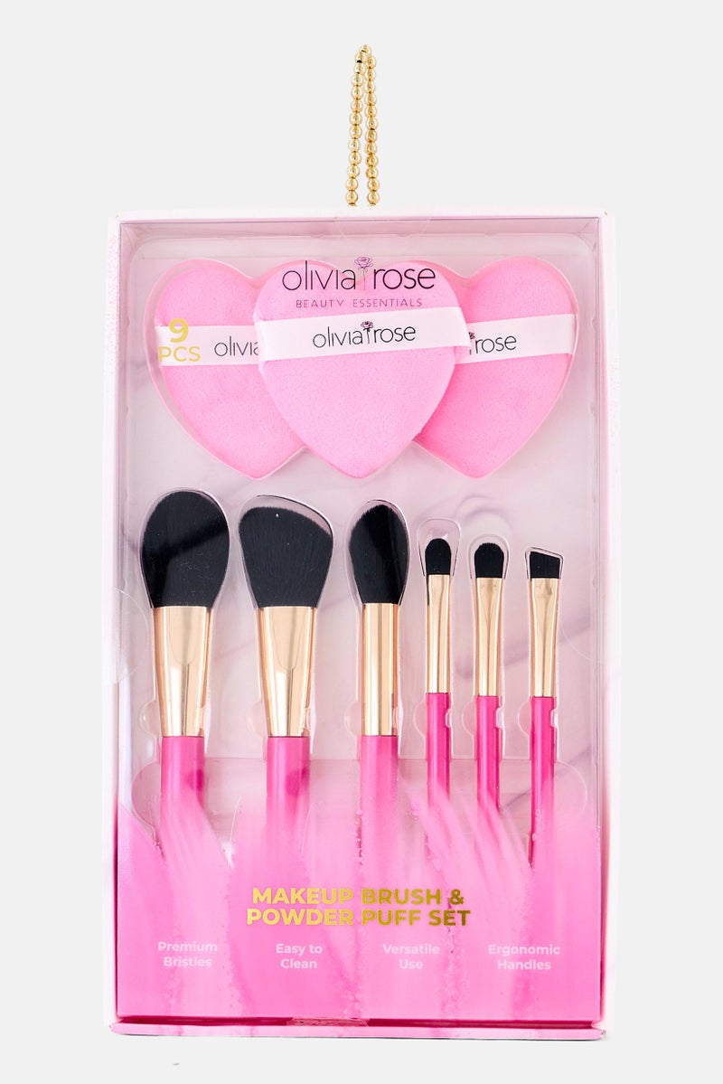 Olivia Rose 9 Pieces Makeup Brush And Powder Puff Set, Pink - Image 1