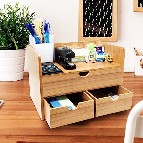 Sorbus Bamboo Desk Organizer - 3-Tier 100% Bamboo Desktop Organizers – Mini Bamboo Desk Drawer Tabletop Storage Box Countertop Organization 3 Drawers & Shelf - Office, Makeup Vanity, Fully Assembled - Image 3