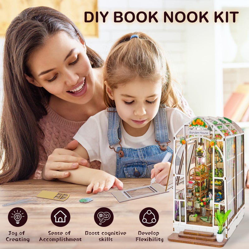 Fimeetoy Book Nook Kits for Adults, Miniature House Dollhouse Kit for Teens, DIY Crafts for Adults, Bookshelf Decor Garden House with LED Light, Gifts for Family and Friends - Image 3