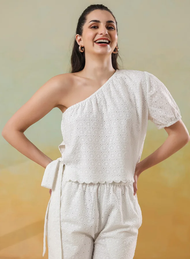 sanskrutihomes Sanskrutihomes Schiffli One-Shoulder Neck Top and Shorts Co-Ords