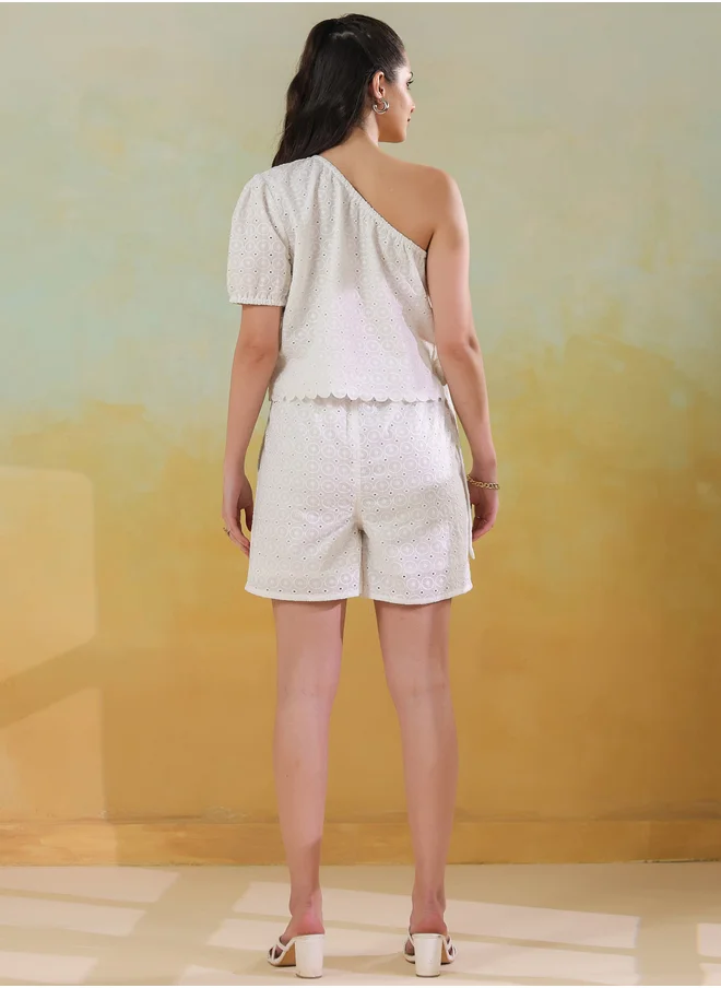 sanskrutihomes Sanskrutihomes Schiffli One-Shoulder Neck Top and Shorts Co-Ords