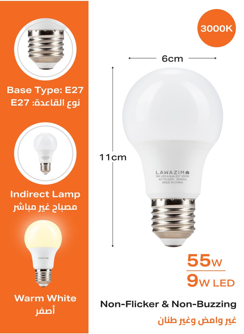 LAWAZIM - 9W LED Bulb A60 E27 - 4 Piece 3000K Warm White - Energy Saving 55W Equivalent Non-Dimmable Lightbulbs with 720 Lumens and a Lifespan of 15,000 Hours- for Home, Kitchen, and Bedroom Lighting - Image 1