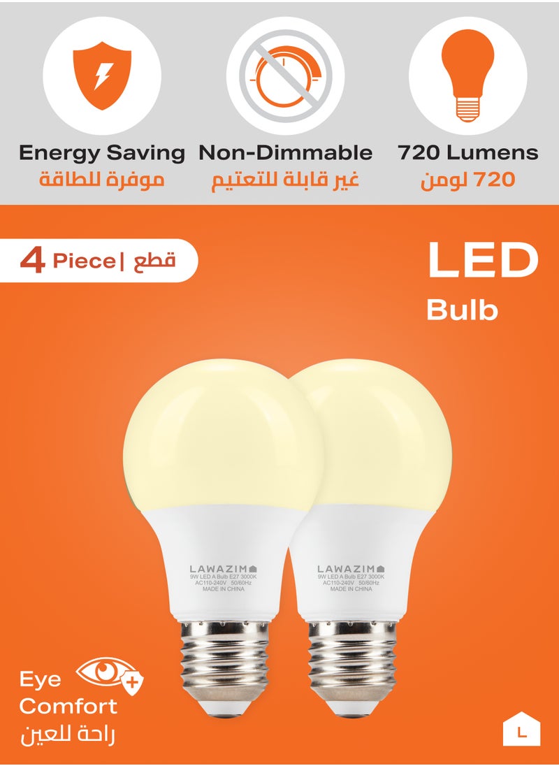 LAWAZIM - 9W LED Bulb A60 E27 - 4 Piece 3000K Warm White - Energy Saving 55W Equivalent Non-Dimmable Lightbulbs with 720 Lumens and a Lifespan of 15,000 Hours- for Home, Kitchen, and Bedroom Lighting - Image 1