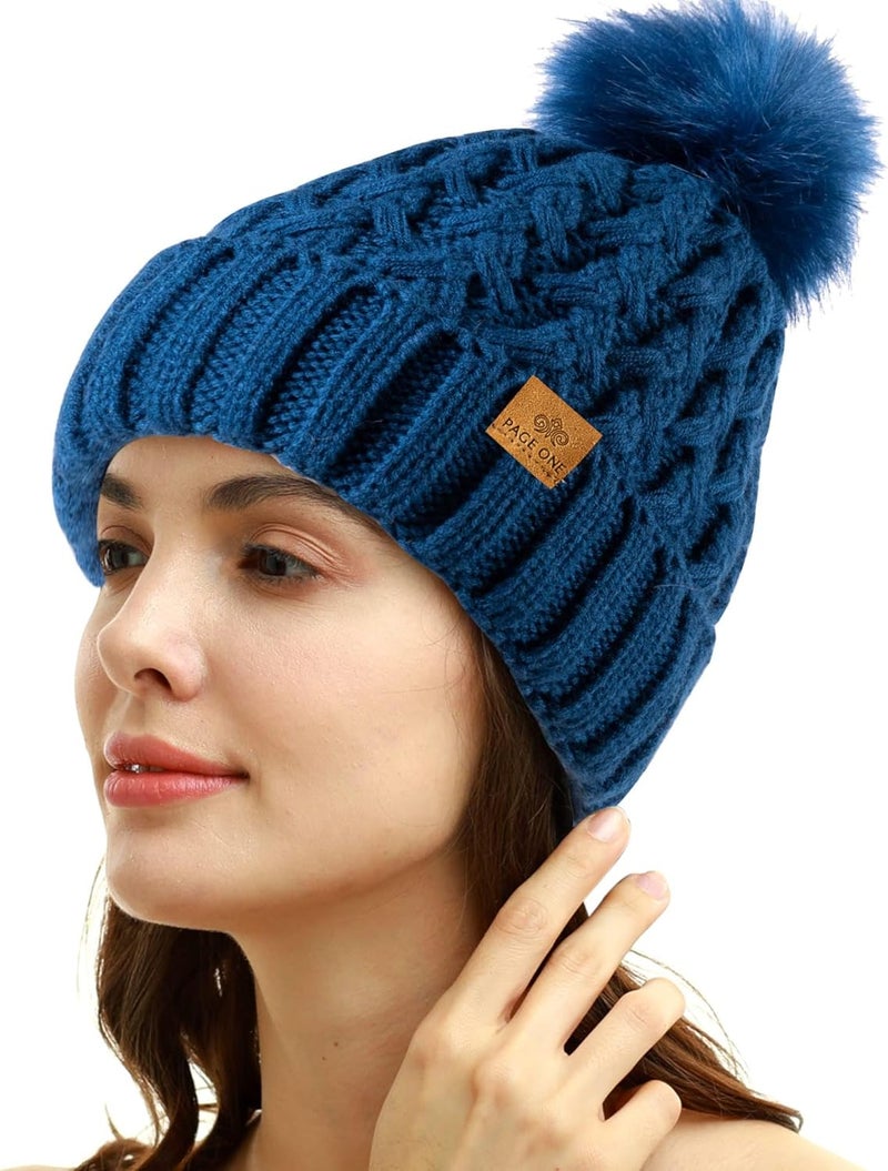 PAGE ONE Womens Winter Ribbed Beanie Crossed Cap Chunky Cable Knit Pompom Soft Warm Hat - Image 2