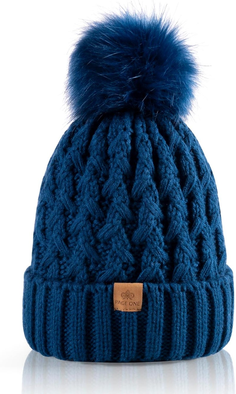 PAGE ONE Womens Winter Ribbed Beanie Crossed Cap Chunky Cable Knit Pompom Soft Warm Hat - Image 1