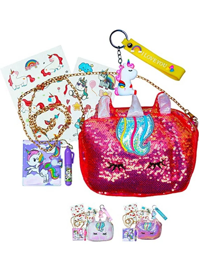 PEAKY KIDS Rainbow Unicorn Cute Plush Hand Bag Trendy Sequin Pouch Organizer Gift for Girls Casual Travel School Bag with Unicorn Keychain Mini Notebook Stickers and Tattoos - Image 1