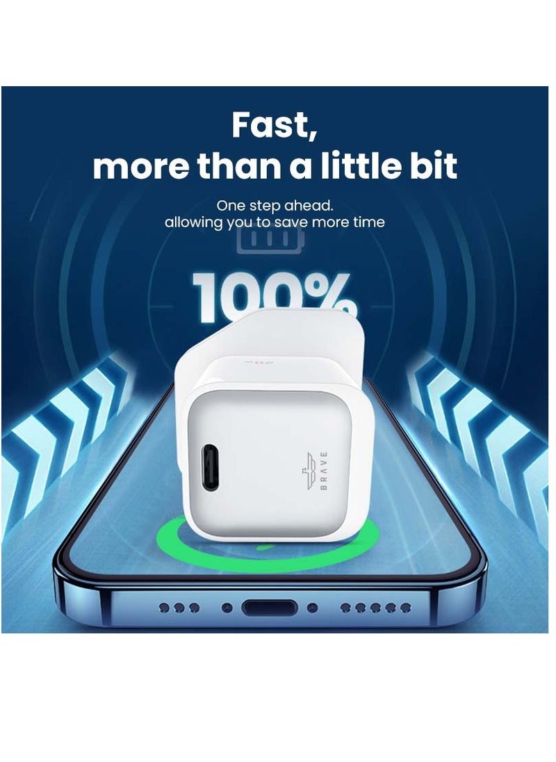 Brave PD 20W GaN USB-C Fast Charger Set for iPhone 14 Pro, 14 Pro Max, 14 Plus, 14, 13, 12, 11, Xs, iPad Pro, Includes Type C Wall Plug & Nylon Braided Lightning Charging Cable for Quick Charging, Compatible with iPhone & iPad Models, Fast USB-C Power Adapter for iOS Devices (White)  - Image 2