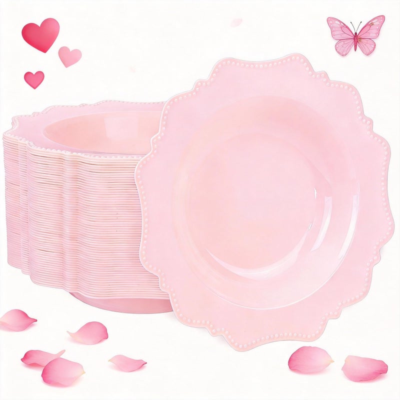 COLOSUS Pink Plastic Party Bowls (60 Pack) 12 Oz Disposable Soup/Salad Bowl, Fancy Shatterproof Dinnerware for Easter, Catering, Holidays, Weddings, and Everyday Use,Valentine's Day - Image 1